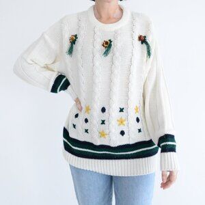 Vintage Entourage Cream Cable Knit w Green Floral Crewneck Sweater Grandmacore L